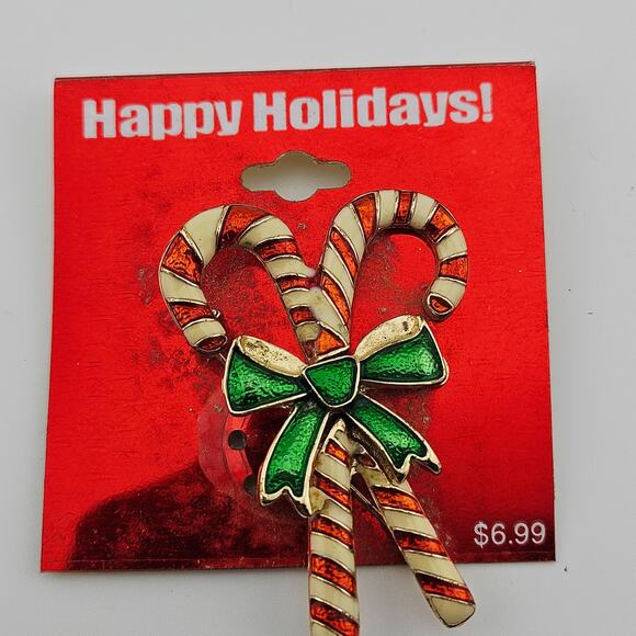 Candy Cane Bundle Brooch Pin Red Stripe Green Bow Holiday Festive Christmas NWT - Picture 1 of 4